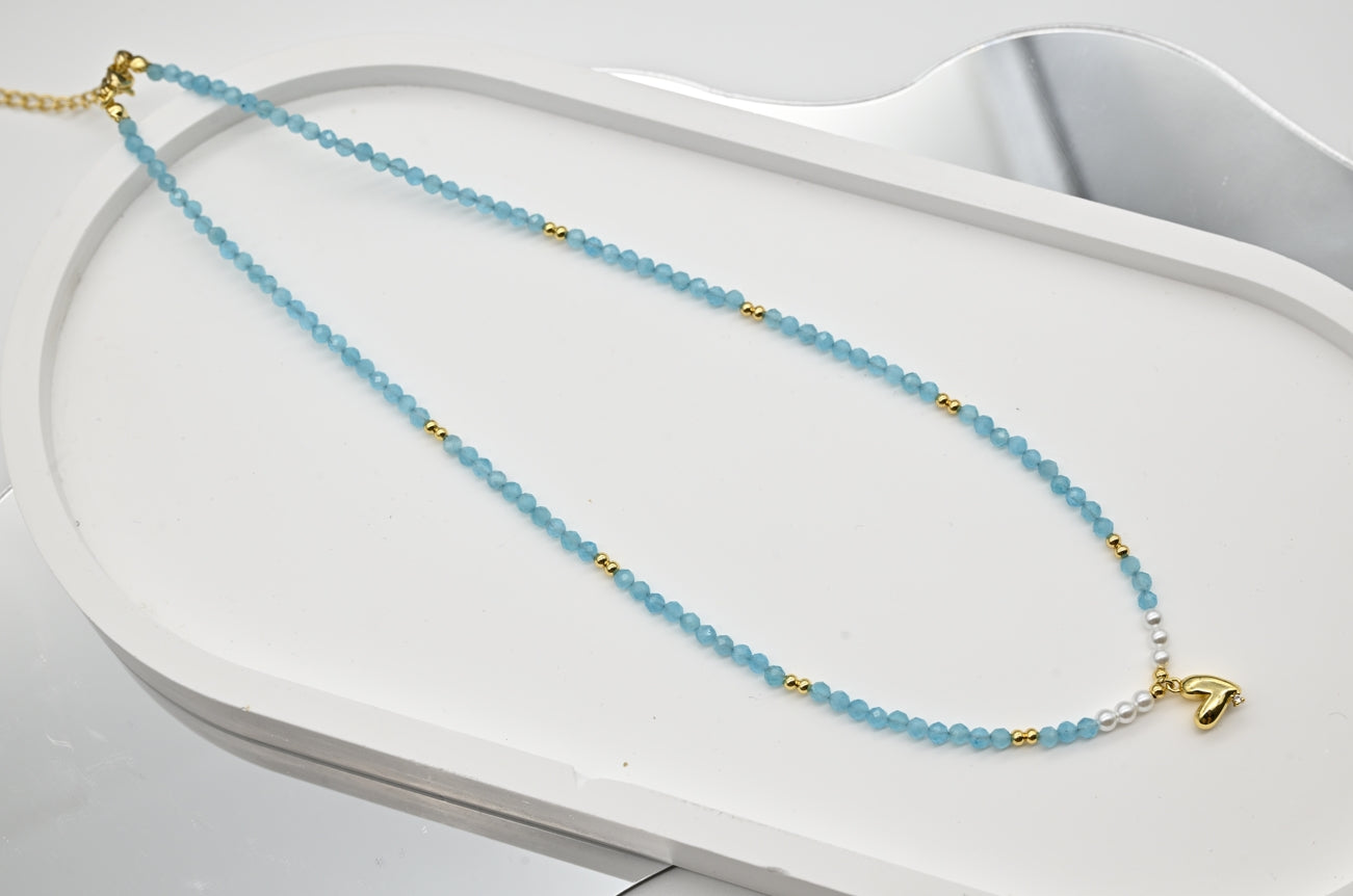 Aquamarine Beaded Necklace with Heart Charm