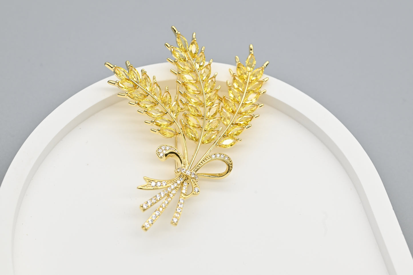 Gold Wheat Sheaf Brooch with Crystal Accents