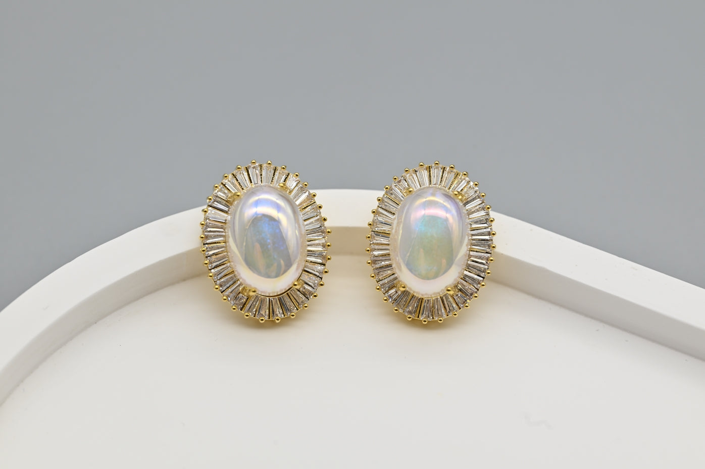 Elegant Gold-Plated Faux Opal and Cubic Zirconia Stud Earrings