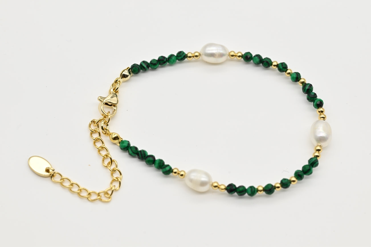 Malachite and Pearl Beaded Bracelet with Gold Accents