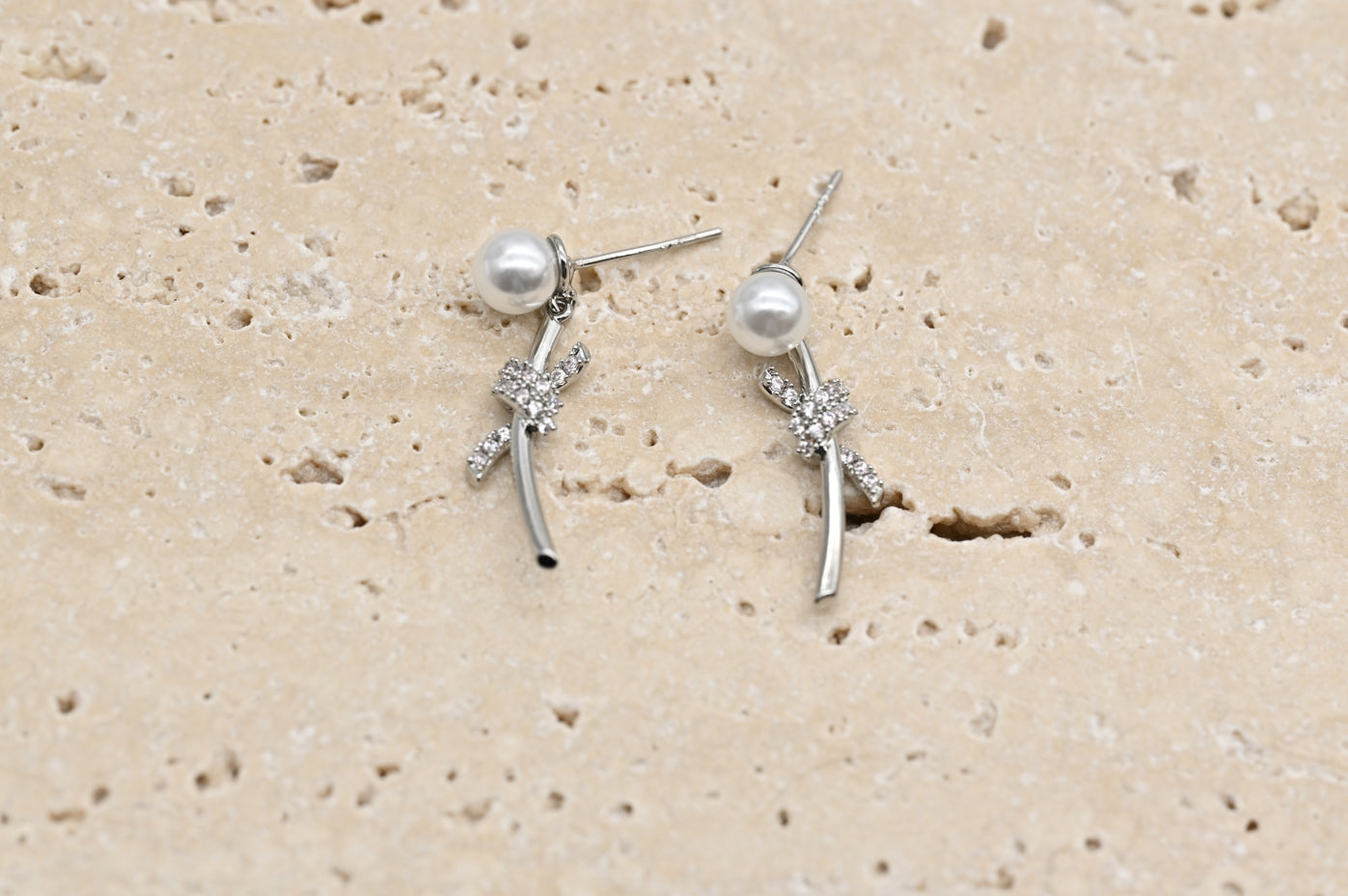 Silver Pearl and Crystal Bow Drop Earrings