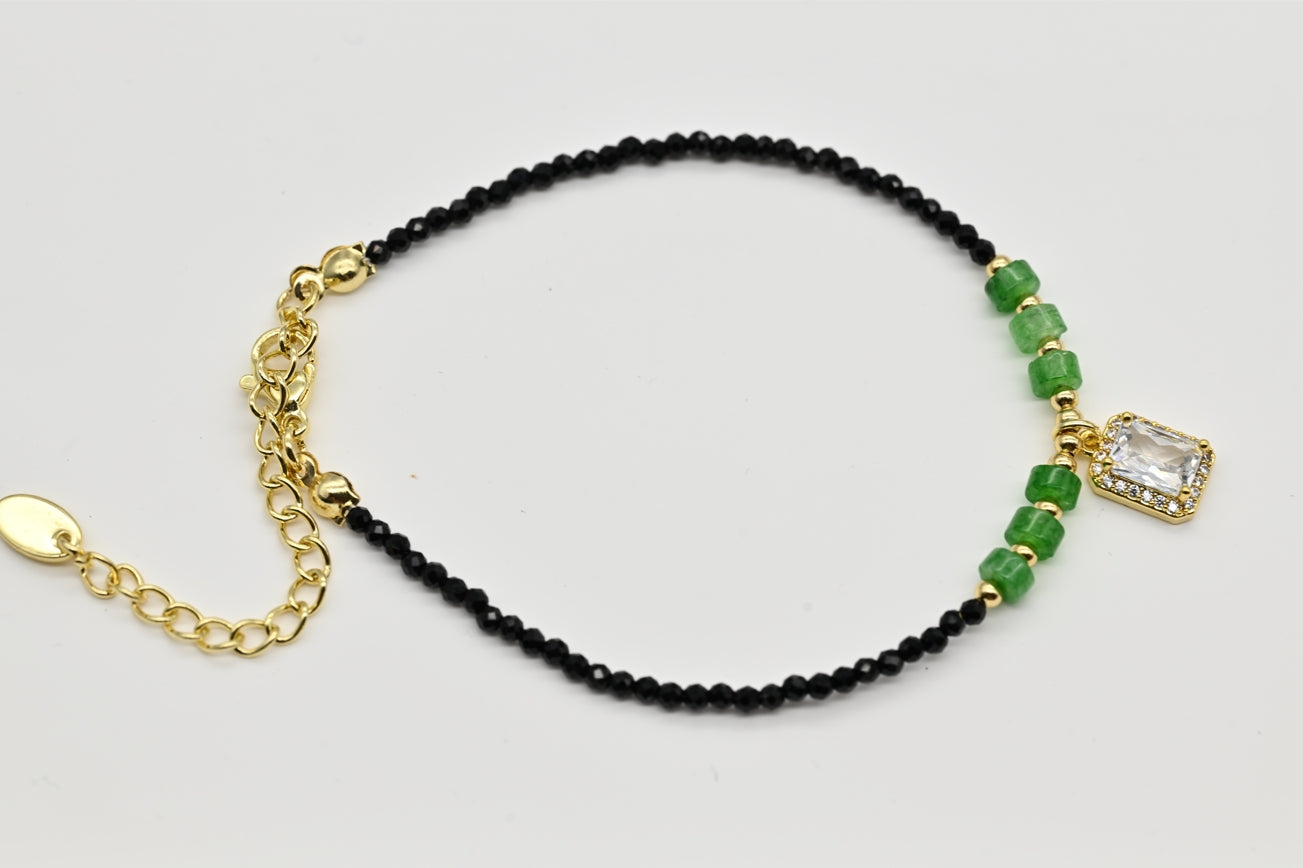Black Onyx and Green Emerald Beaded Bracelet with Gold Accents