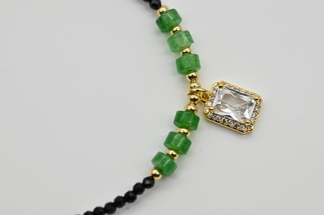 Black Onyx and Green Emerald Beaded Bracelet with Gold Accents