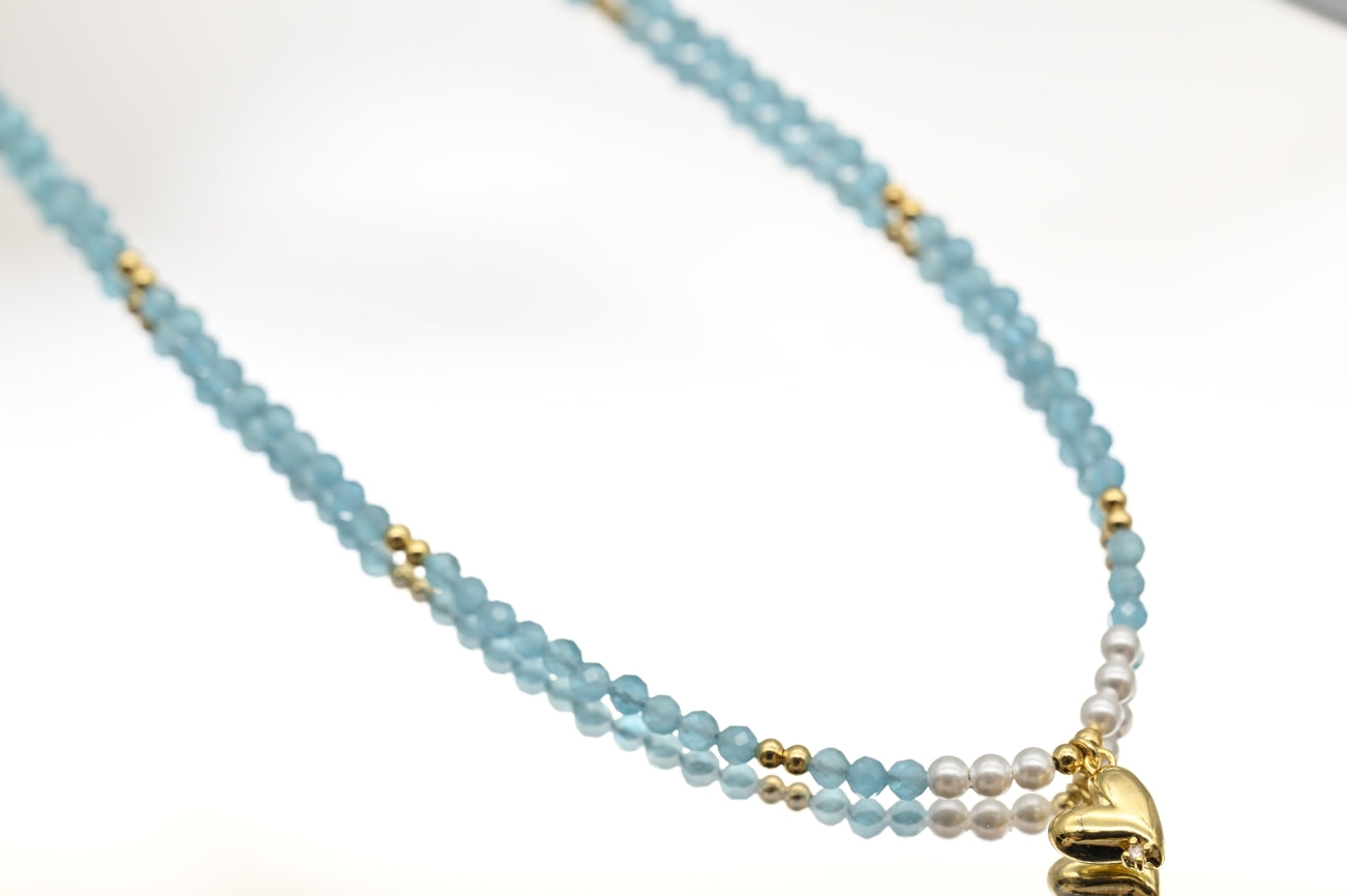Aquamarine Beaded Necklace with Heart Charm