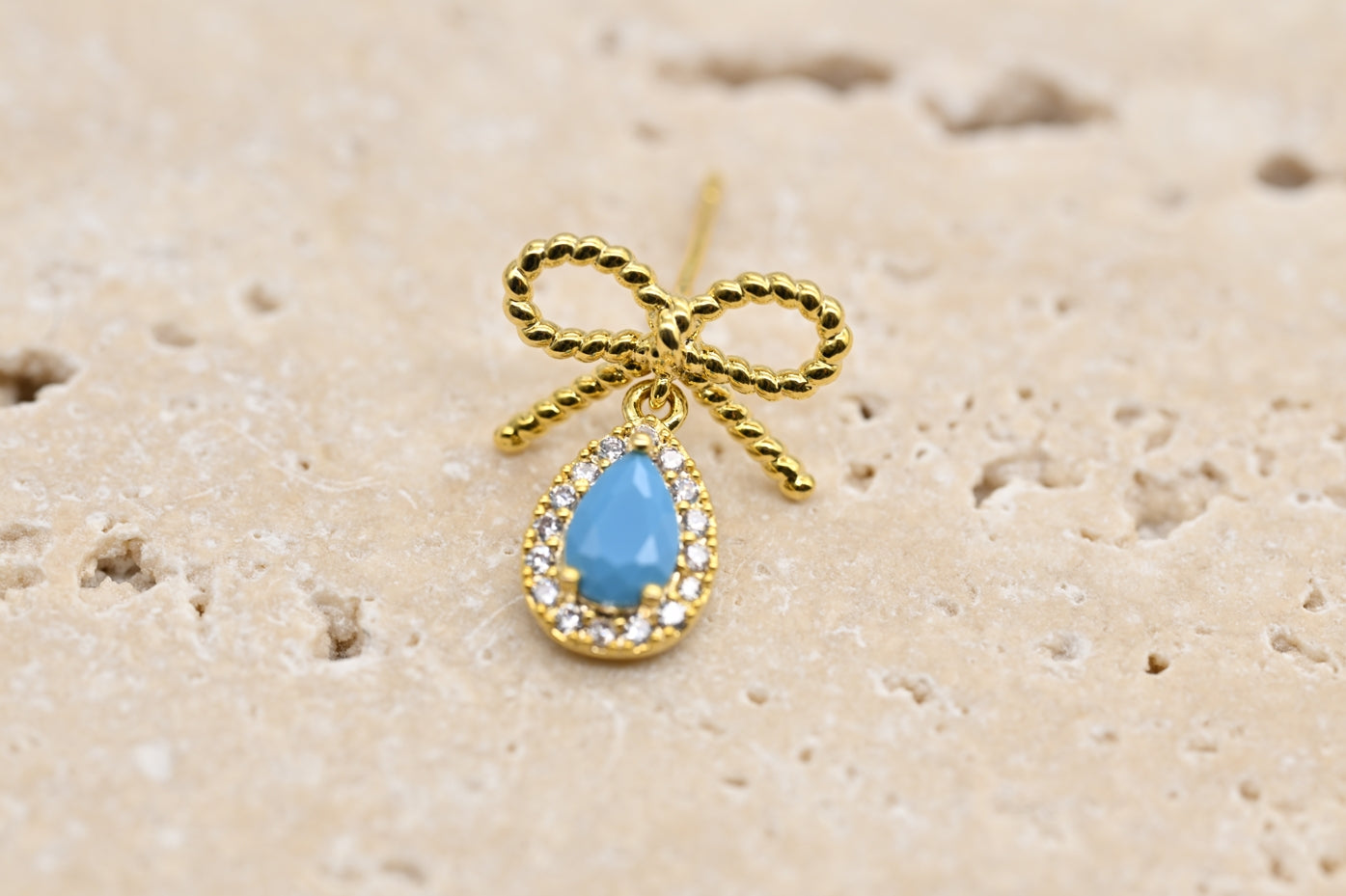 Charming Gold-Plated Bow and Turquoise Teardrop Earrings