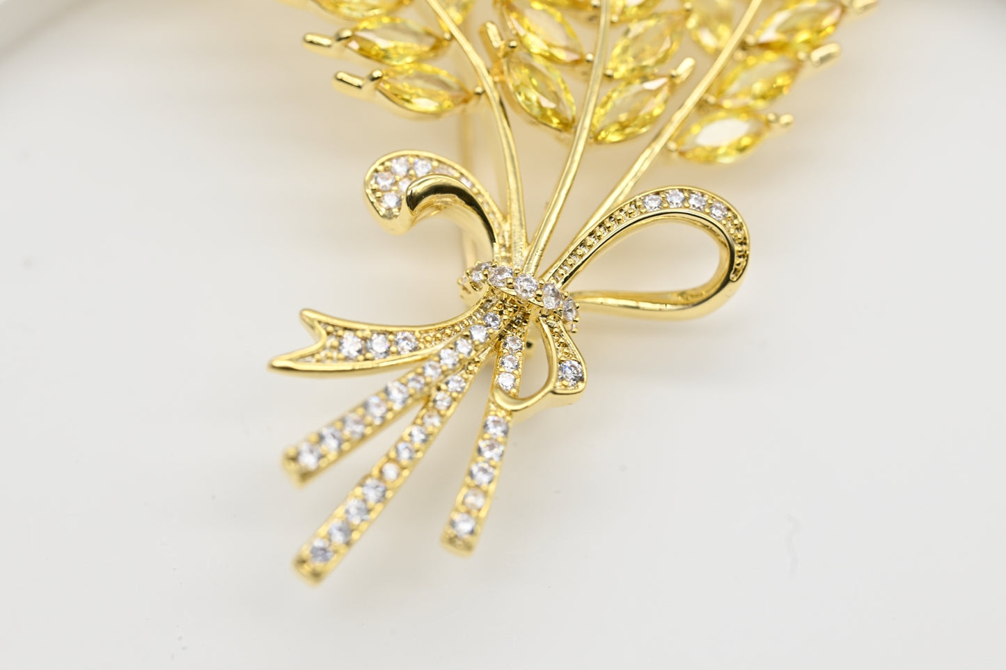 Gold Wheat Sheaf Brooch with Crystal Accents
