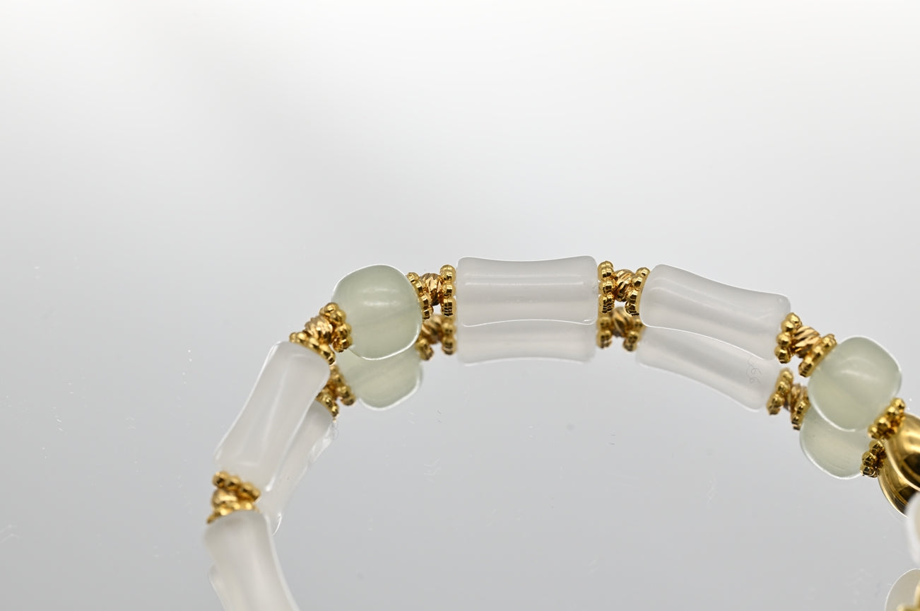 White and Green Beaded Bracelet with Flower Charm