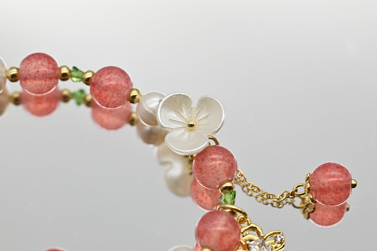 Pink Beaded Bracelet with Pearls and Flower Charm
