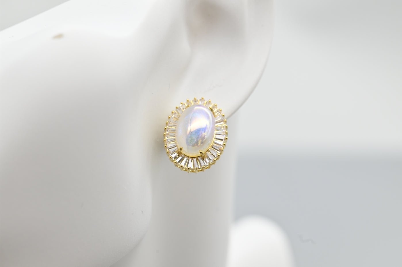 Elegant Gold-Plated Faux Opal and Cubic Zirconia Stud Earrings