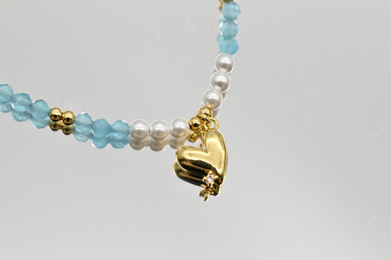 Aquamarine Beaded Necklace with Heart Charm