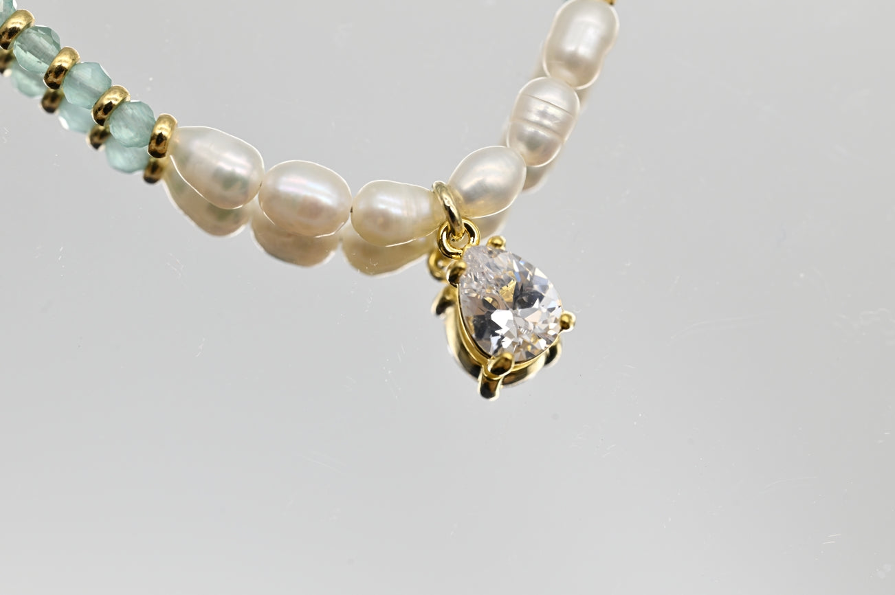 Aquamarine and Pearl Necklace with Gold Accents
