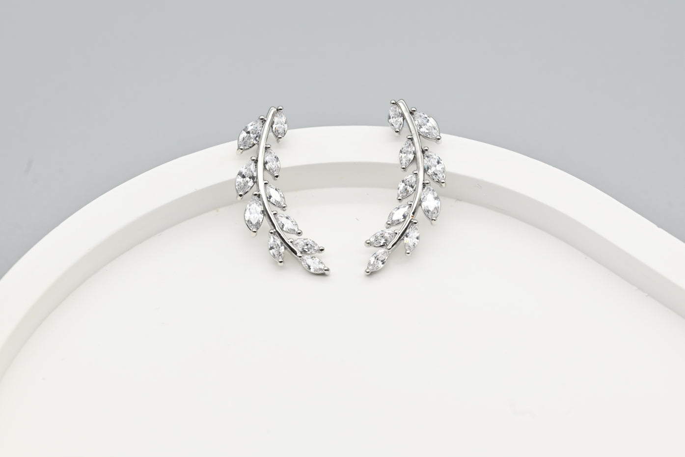 Elegant Silver-Plated Leaf Design Cubic Zirconia Earrings