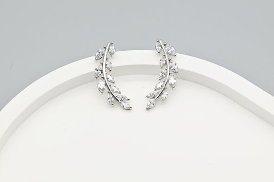 Elegant Silver-Plated Leaf Design Cubic Zirconia Earrings