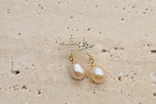 Sophisticated Gold-Plated Faux Pearl and Cubic Zirconia Drop Earrings