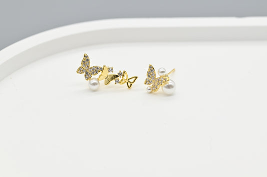 Gold-Plated Butterfly Earrings with Faux Pearls