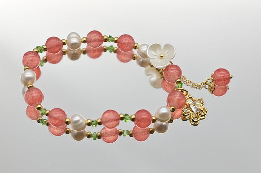 Pink Beaded Bracelet with Pearls and Flower Charm