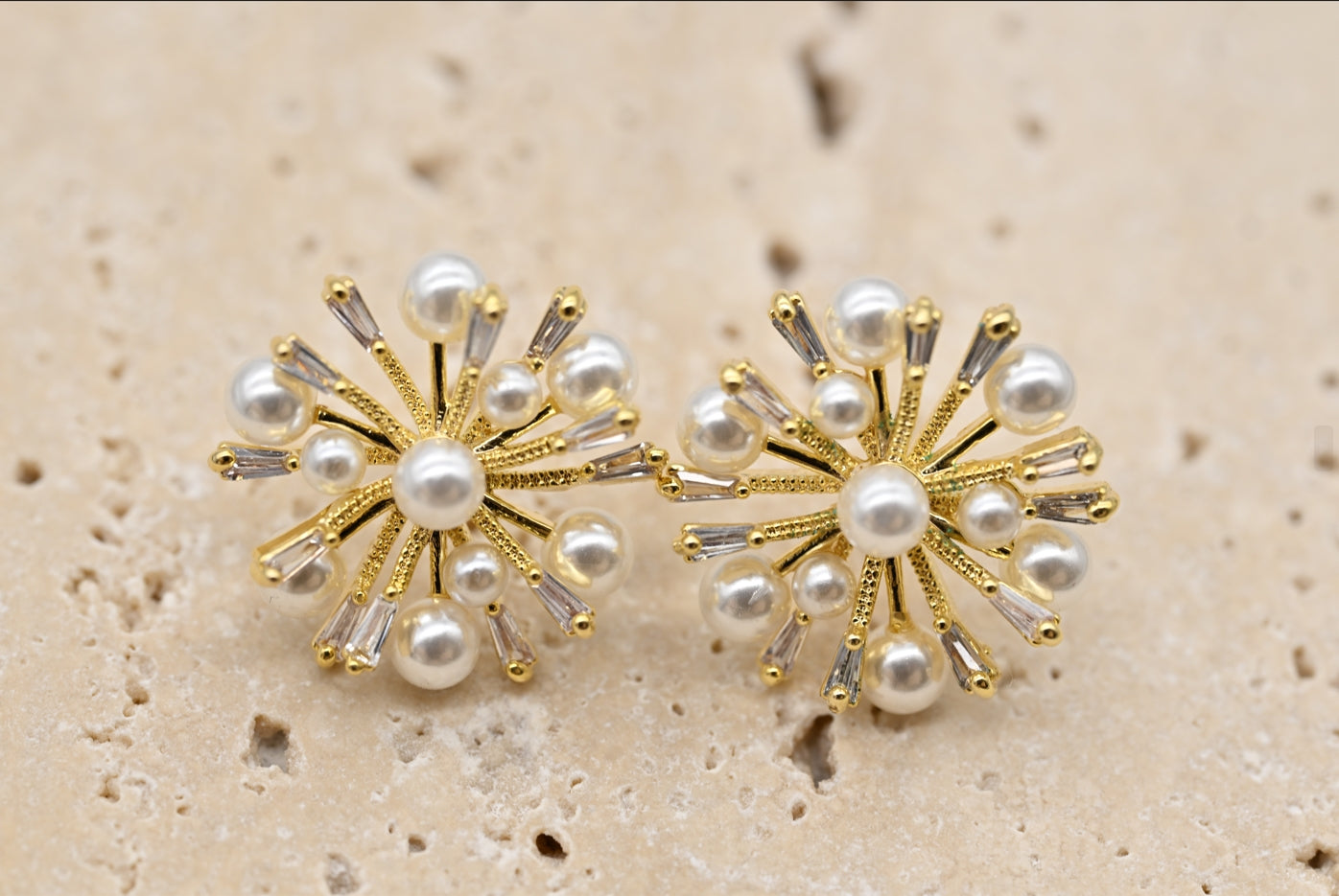 Elegant Gold-Tone Floral Earrings with Pearls and Crystal Accents
