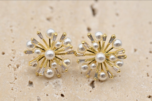 Elegant Gold-Tone Floral Earrings with Pearls and Crystal Accents