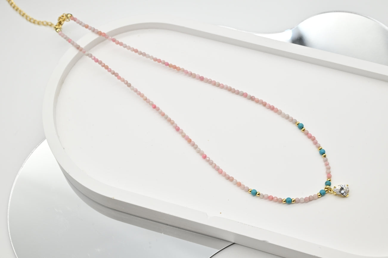 Pink Opal and Turquoise Bead Necklace with Gold Accents