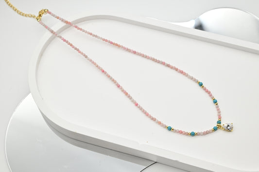 Pink Opal and Turquoise Bead Necklace with Gold Accents