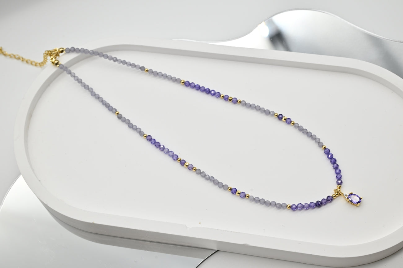 Amethyst and Grey Bead Necklace with Gold Accents