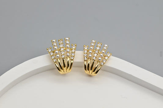 Modern Gold-Plated Faux Pearl and Cubic Zirconia Stud Earrings