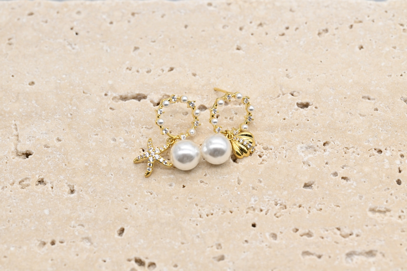 Starfish and Seashell Charm Earrings with Faux Pearls