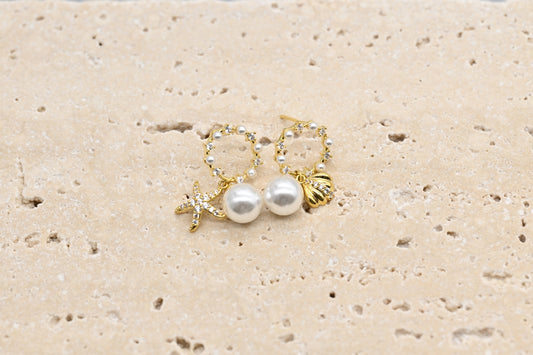 Starfish and Seashell Charm Earrings with Faux Pearls
