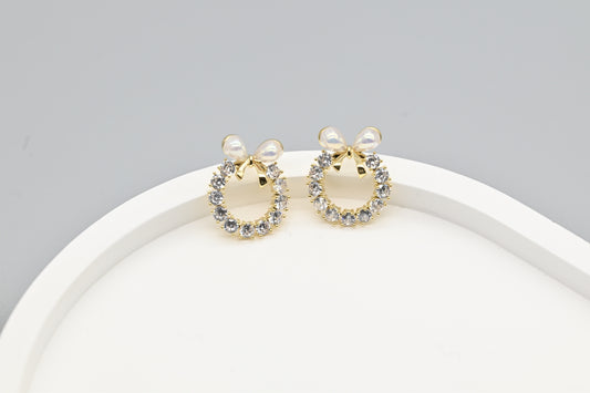 Bow and Circle Stud Earrings with Faux Pearls
