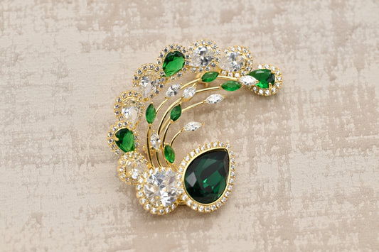 Radiant Emerald and Diamond Cluster Brooch in Gold