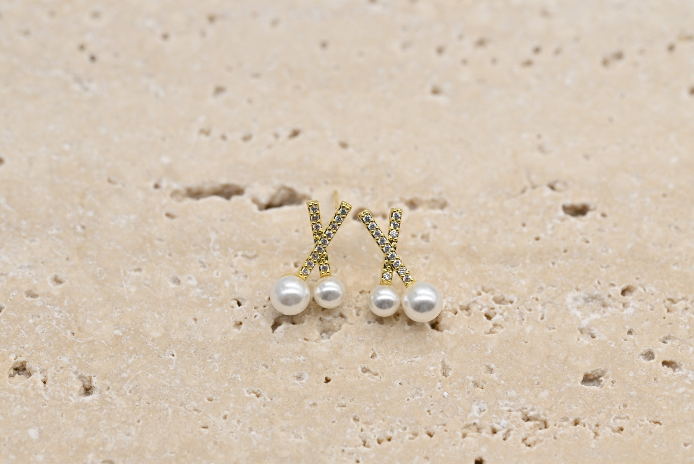 Stylish Gold-Plated Faux Pearl and Cubic Zirconia Cross Stud Earrings