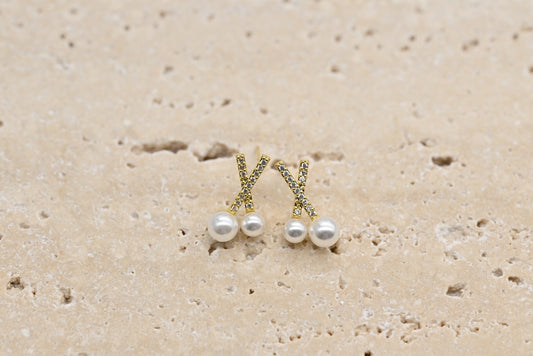 Stylish Gold-Plated Faux Pearl and Cubic Zirconia Cross Stud Earrings