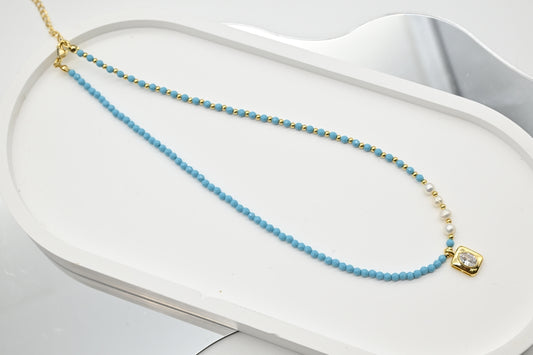 Turquoise and Pearl Necklace with Gold Accents