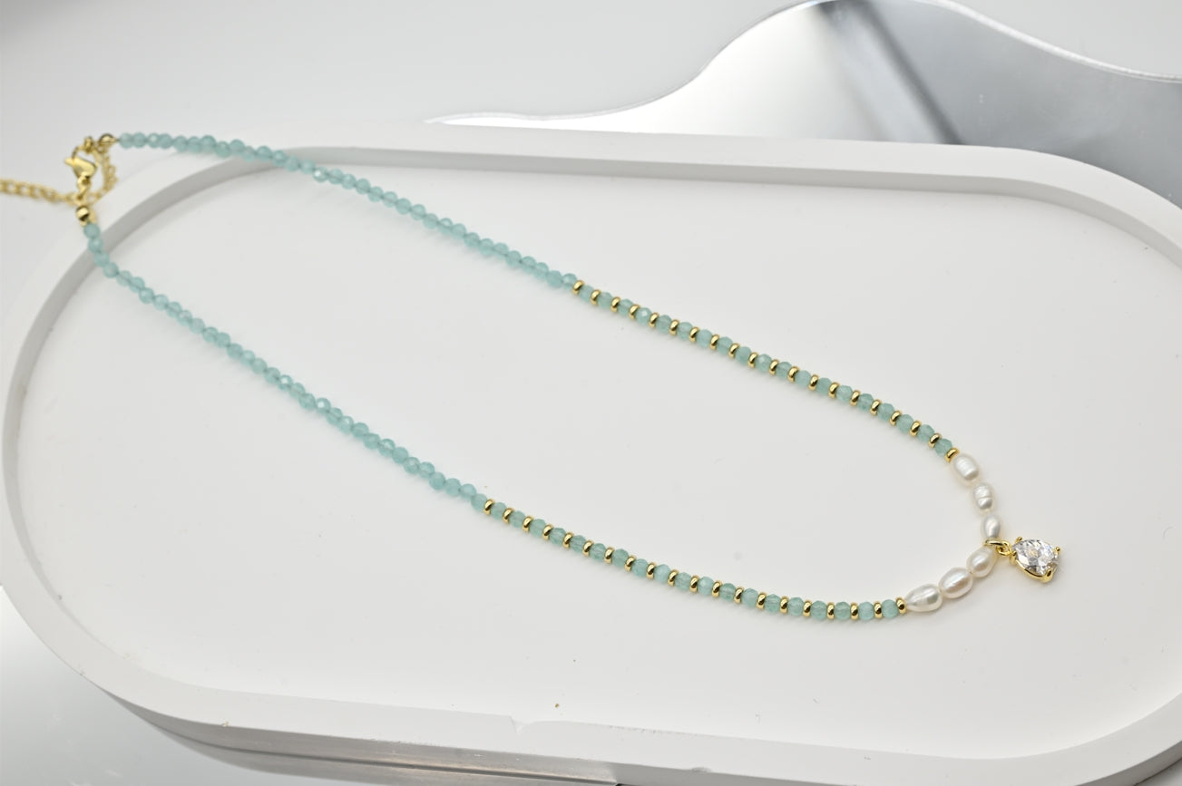 Aquamarine and Pearl Necklace with Gold Accents