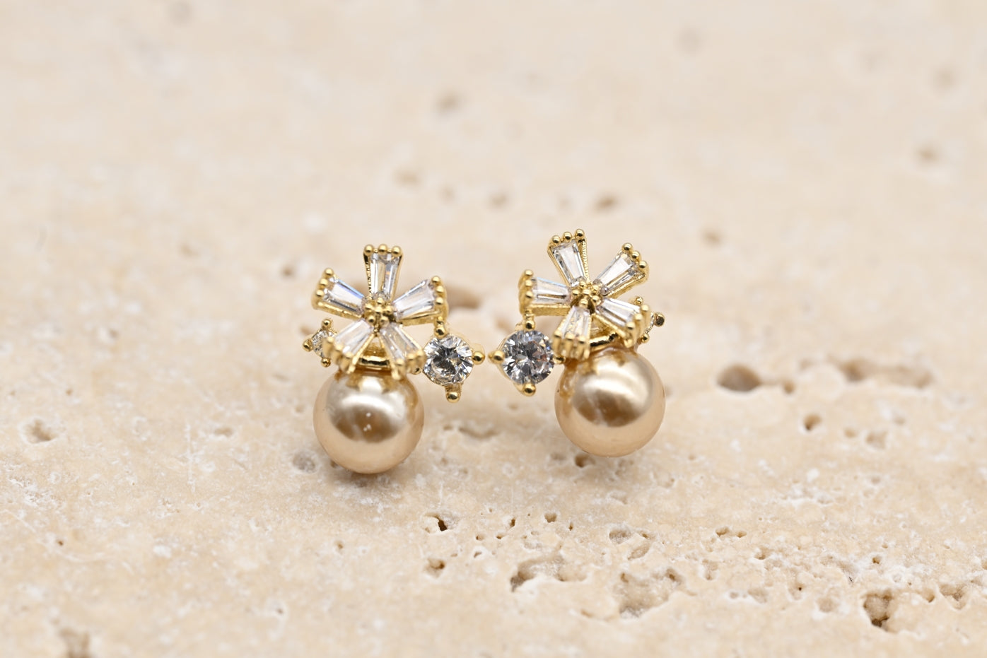 Elegant Gold-Plated Faux Pearl and Cubic Zirconia Flower Stud Earrings