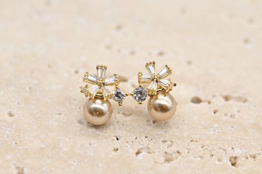 Elegant Gold-Plated Faux Pearl and Cubic Zirconia Flower Stud Earrings