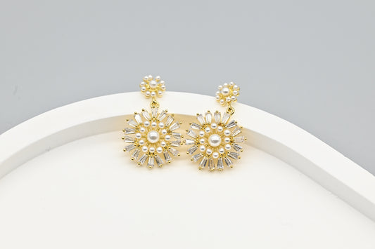 Radiant Gold-Plated Faux Pearl and Cubic Zirconia Drop Earrings