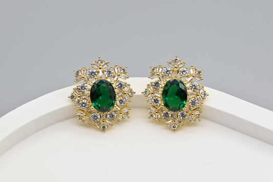 Exquisite Gold-Plated Green Crystal and Cubic Zirconia Stud Earrings