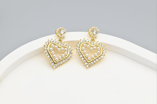 Romantic Gold-Tone Heart Earrings with Pearls and Crystals