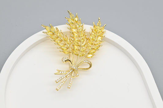 Gold Wheat Sheaf Brooch with Crystal Accents