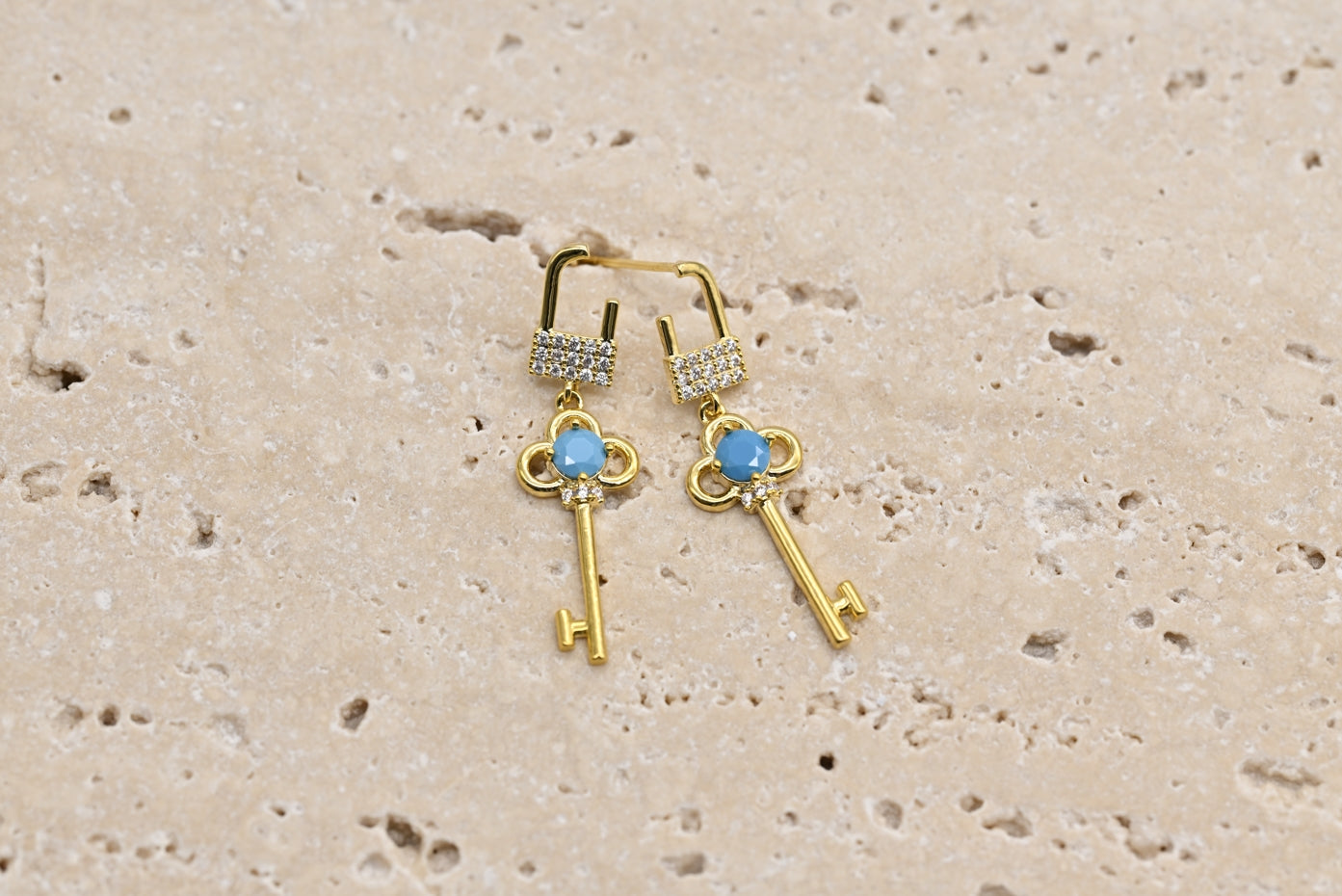 Charming Gold-Plated Key Drop Earrings with Turquoise Accents