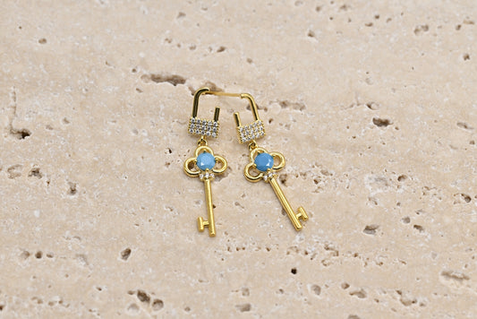 Charming Gold-Plated Key Drop Earrings with Turquoise Accents
