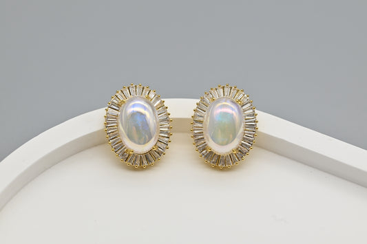 Elegant Gold-Plated Faux Opal and Cubic Zirconia Stud Earrings