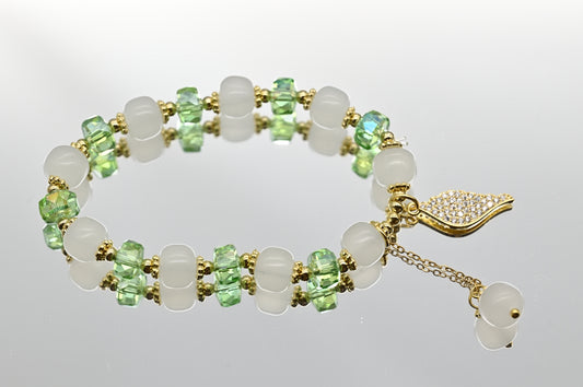 Green and White Beaded Bracelet with Gold Accents
