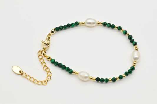 Malachite and Pearl Beaded Bracelet with Gold Accents