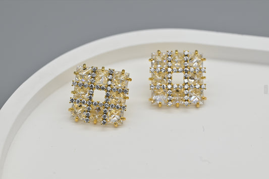 Golden Grid Cubic Zirconia Stud Earrings