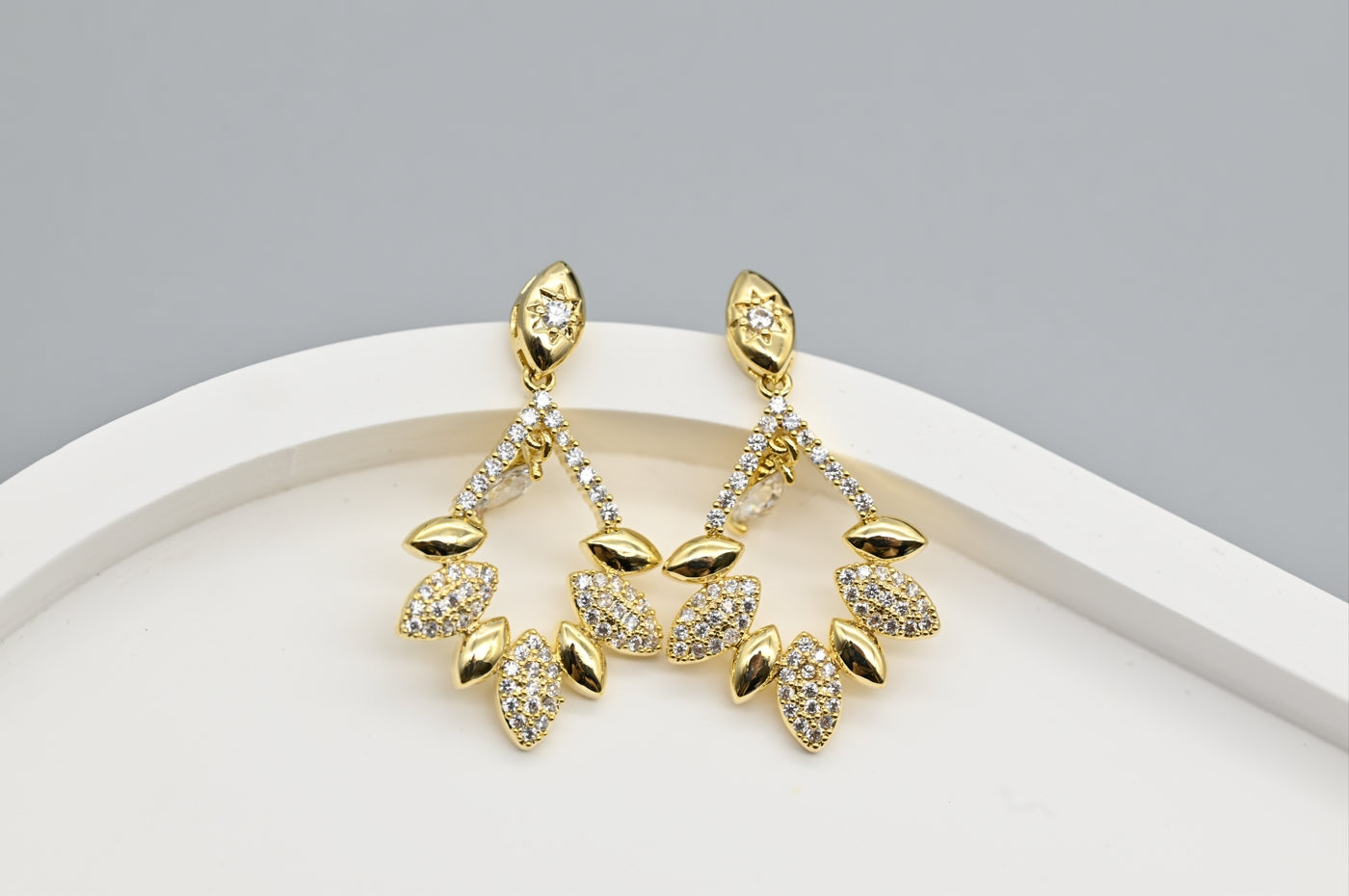 Stylish Gold-Plated Leaf Drop Earrings with Cubic Zirconia