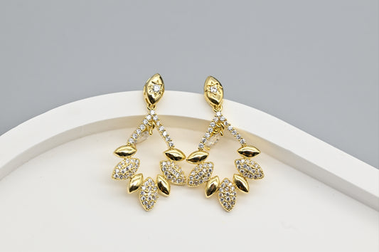 Stylish Gold-Plated Leaf Drop Earrings with Cubic Zirconia