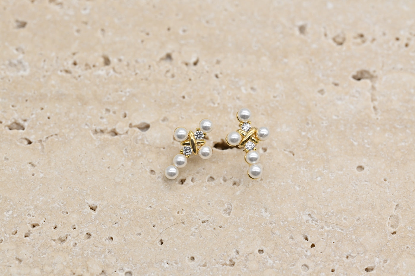 Elegant Pearl and Crystal Cross Earrings