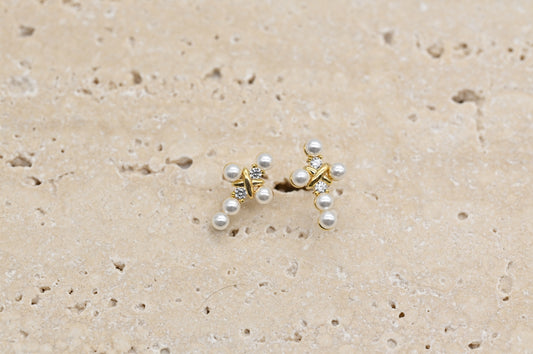 Elegant Pearl and Crystal Cross Earrings